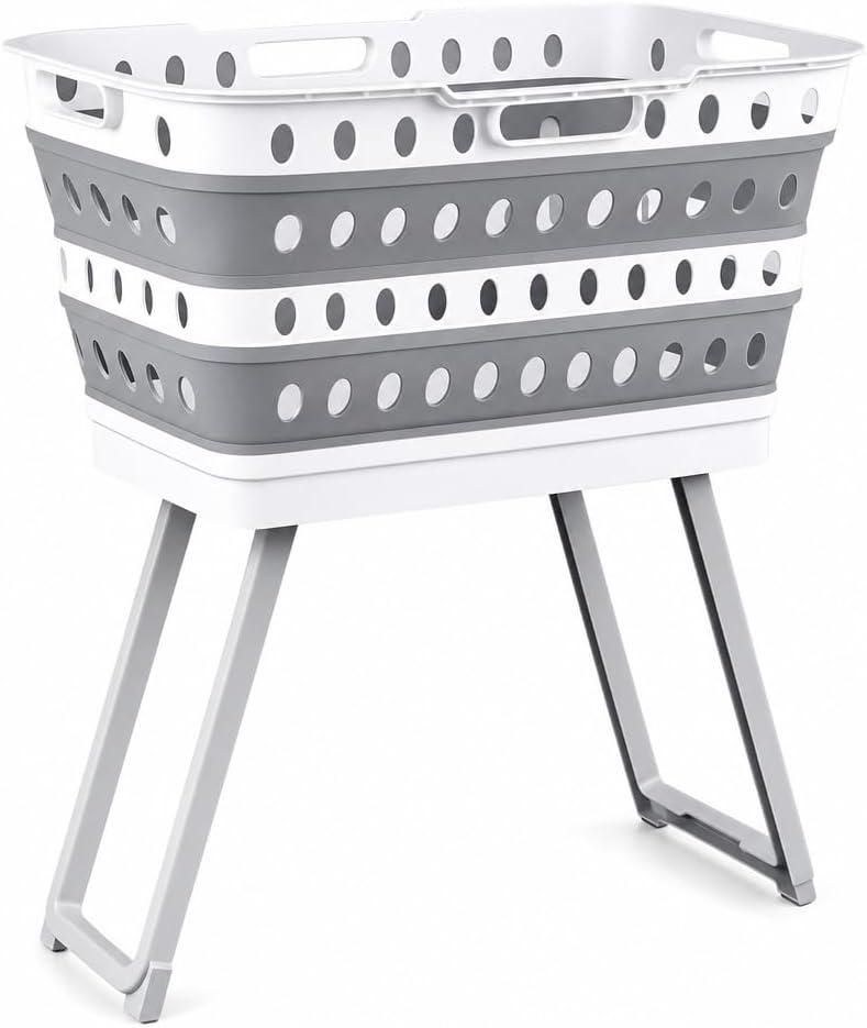 Collapsible Laundry Basket with Wheels & Folding Legs - 13.5 Gallon (51L) Large Foldable Pop-Up Clothes Hamper, Ergonomic Elevated Height, BPA-Free, Space Saving for Home & Dorm (Grey/White), 22 Gallon