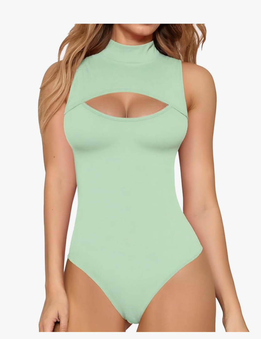 MANGOPOP Mock Neck Cutout Front Top Long Sleeve Sleeveless Bodysuits for Women M