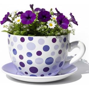 7.5 Round Ceramic Teacup Planter with Saucer Purple Polka Dot Design Pot for Succulents, Orchid, Herbs & Indoor Houseplant/Flowers for Mother's Day