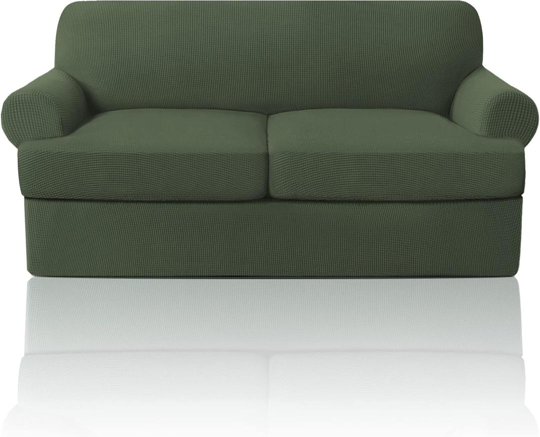PrinceDeco T Cushion Loveseat Slipcover - 3 Pieces Sofa Cover for 2 Cushion Couch with 2 Individual T Shape Seat Covers Width Up to 76 Inch - Stretch, Machine Washable, Bronze Green