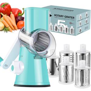 Ourokhome Rotary Cheese Grater Hand Crank, Kitchen Shredder Speed Mandolin Slicer Ice Shaver with Handle and Drum Blades for Cheese, Vegetable, Nuts, Chocolate, Potato, Carrot, 5 Blades, Blue