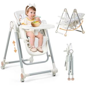 Foldable High Chair for Babies and ToddlersBaby Swings for Infants 6-36 Months Old, Portable Baby Chair with Adjustable Backrest, Footrest, Tray, and Seat Height, Detachable Leather Cushion