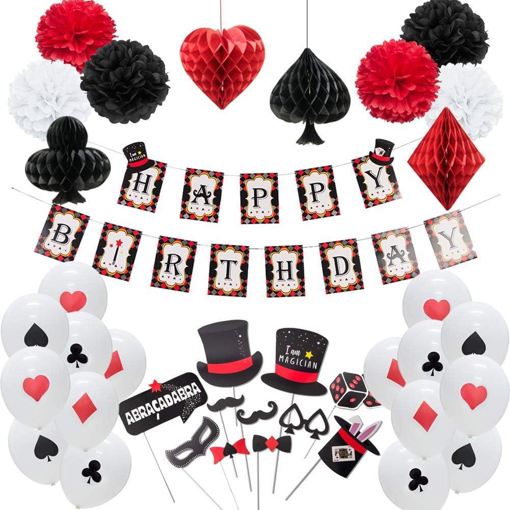 Magician Birthday Party Supplies Poker Themed Las Vegas Casino Themed Latex Balloons Paper Honeycomb Pom Poms Magic Show Photo Booth Props Decoration Easy Joy (Black White Red)