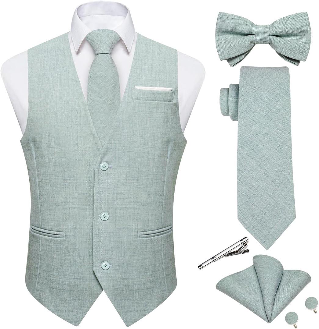 DiBanGu Mens Linen Suit Vest Casual Waistcoat and Necktie & Pre-tied Bowtie Set 6PCS Solid Color Dress Vest for Wedding Party (Medium, Mint Green)