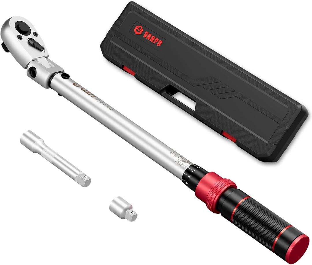 VANPO Flex Head Torque Wrench, 30-250 Ft.lb/40.7-339.0 Nm, 1/2-Inch Drive Click Wrench, Dual Range Scales 72-Tooth Adjustable Torque Wrench with 1/2'' to 3/8'' Adapter, 125mm Extension Bar