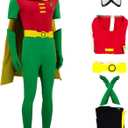 Robin Costume Adult Superhero Halloween Cosplay Jumpsuit Cloak Gloves Belt with Eye Mask Set (3X-Large, Green)
