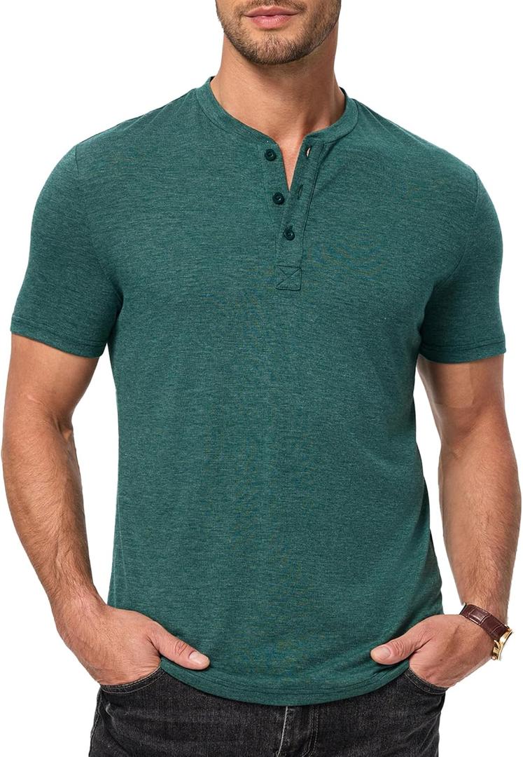 JMIERR Men's Casual Henley Shirts Short Sleeve Basic Button Muscle Longline T-Shirt Gym Workout Athletic Tee (Green, L)