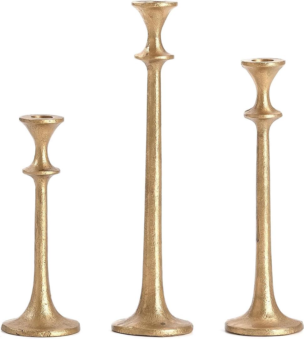 Gold Taper Candle Holders Set of 3, Heavy Candlestick Holders Decorative Candle Stand for Table Centerpiece, Cast Iron Candle Stick Holder Decor (Antiqued Gold 2)