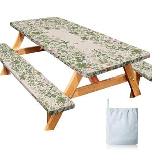 Joy Bubble Picnic Table Cover with Bench Covers Windproof Waterproof Picnic Table Covers Camping Tablecloth with Self-Storage Bag, 72in, Botanical Green