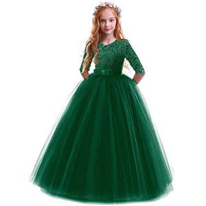 IBTOM CASTLE Girls Embroidery Tulle Lace Bridesmaid Dress Long A Line Wedding Pageant Dresses Birthday Party Formal Dance Evening Gown Dark Green 5-6 Years, Size 130