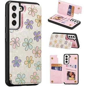 Wallet Case for Samsung Galaxy S21 FE 5G with Card Holders, PU Leather Cover Kickstand RFID Blocking Double Magnetic Clasp Rilievo Flower Shockproof Flip Case for Women Girls - White Daisy