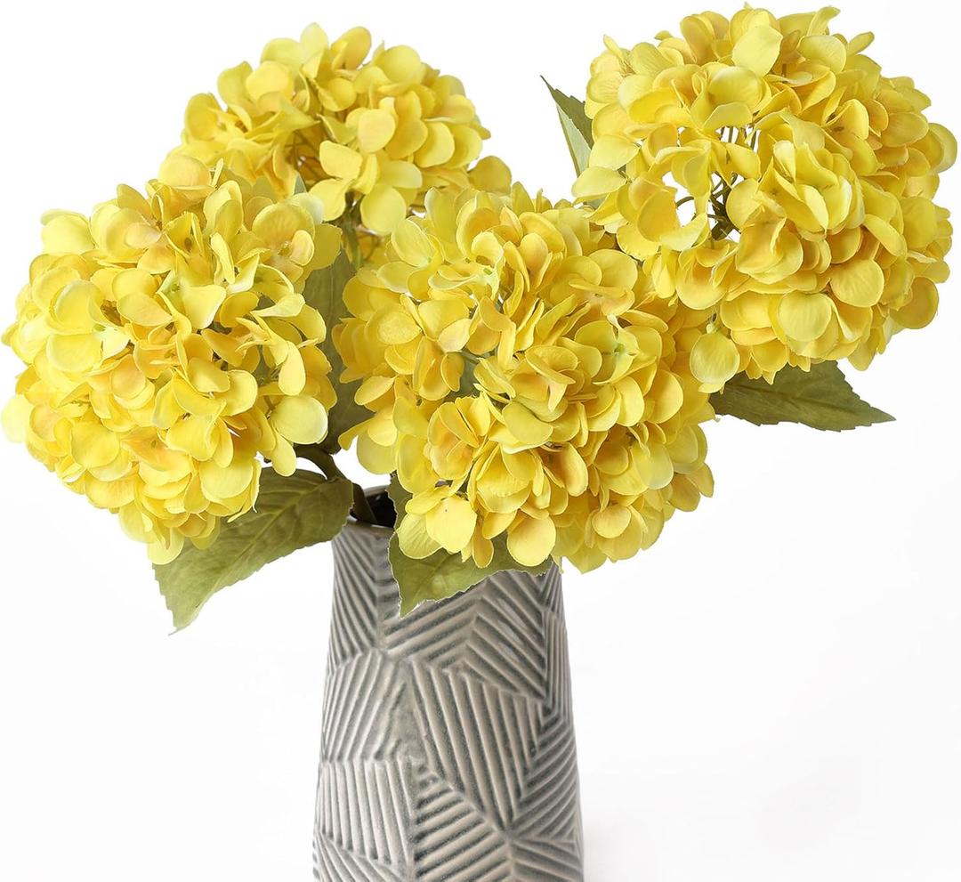 mizii 4Pcs Yellow Artificial Hydrangea Flowers Large Fake Silk Hydrangea Flower with Leaves Stems Realistic Faux Hydrangeas Decorations for Wedding Table Centerpieces Vase Home Decor (Yellow)
