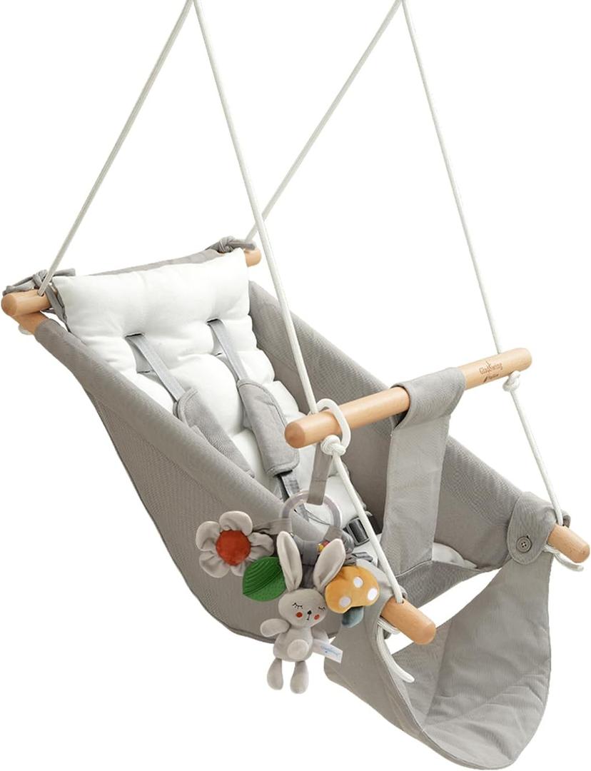 Baby Swing Indoor Outdoor, Canvas Hammock Swing for Infant to Toddler With Comfort Footrest, Montessori Toys, Upgraded 5-Point Harness for Secure Fit, 3 Modes, Gift for Baby Boys Girls, Grey and White