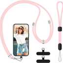SS Cell Phone Lanyard, Adjustable Phone Lanyard Crossbody Neck Strap & Phone Wrist Strap with 2 Phone Tether Patches for Most Smartphones, Light Pink