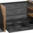 Wooden Desk Organizers and Accessories with File Holder, 4-Tier Paper File Organizer with Drawer & 2 Pen Holders, Office Desk Accessories, Desktop Organizer and Storage for Home Office