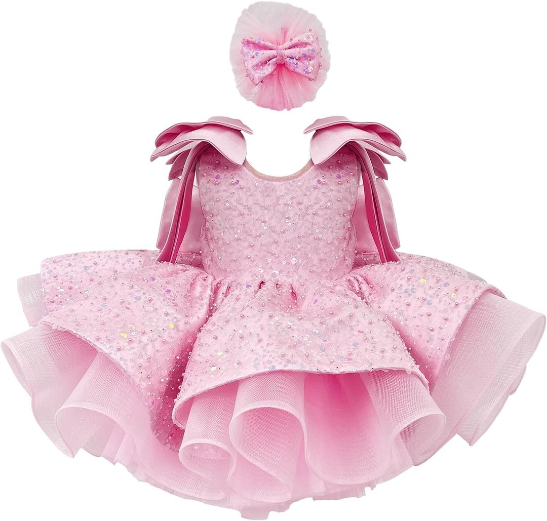 Fairy Tale Tutu Dress for Girls Sparkly Party Dress with Sequin Bow Headband for Birthdays and Celebrations (Pink, S)