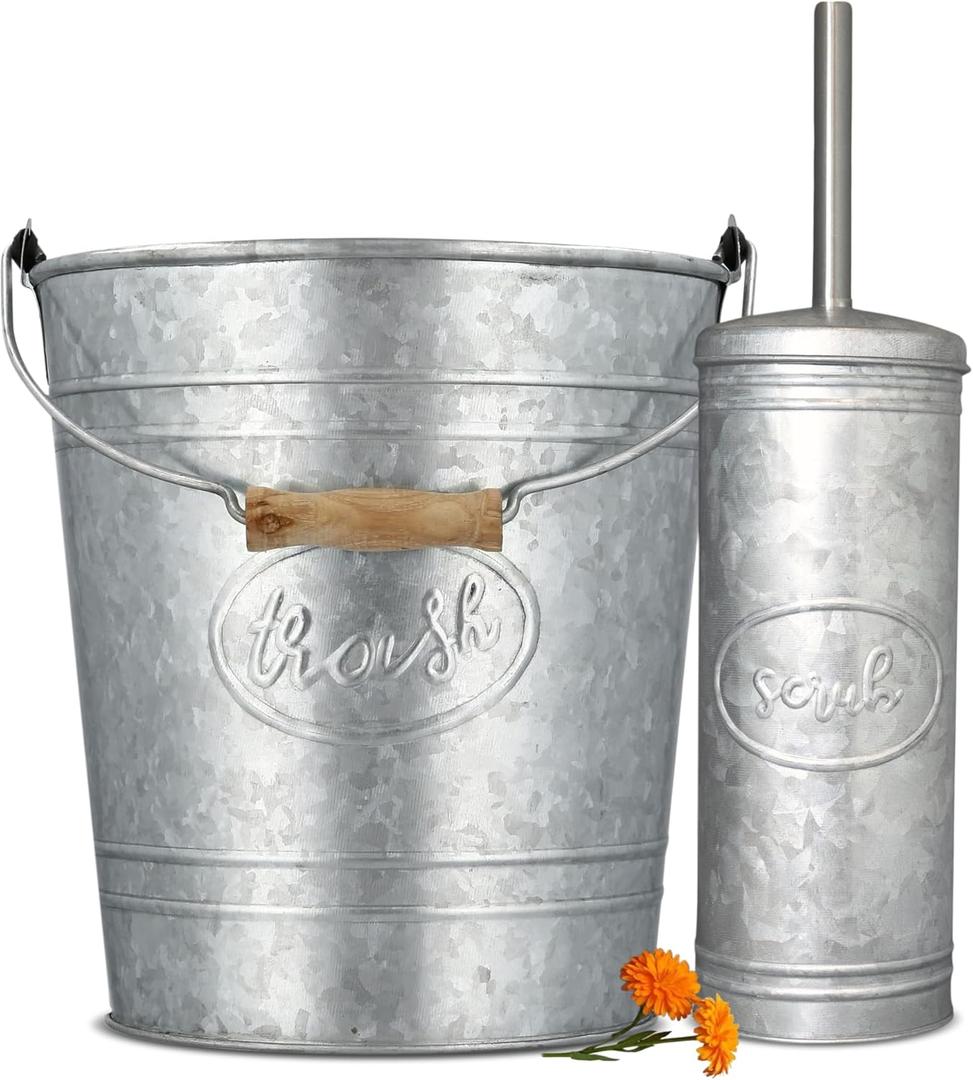 Autumn Alley Farmhouse Bathroom Trash Can and Toilet Brush Set - Rustic Bathroom Accessories for Charming Bathroom Dcor, Galvanized, Grey
