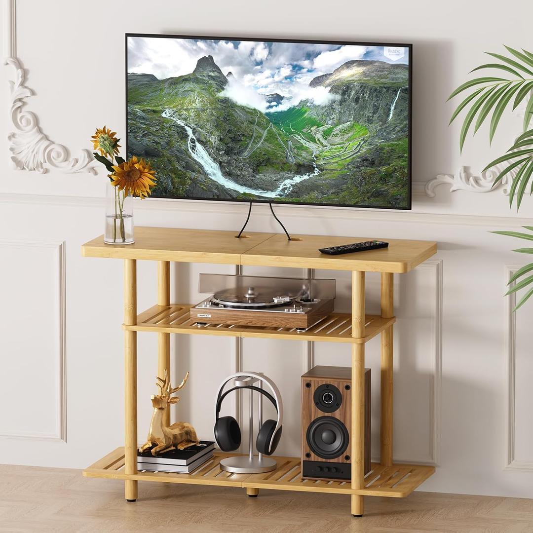 Bamboo TV Stand, Small TV Stands for up to 32 Inch, 3-Tier Entertainment Center TV Shelf with Storage, Sturdy Corner TV Stand for Small Spaces, 31.5 x 24.2 x 11.8 inches (Natural Color)