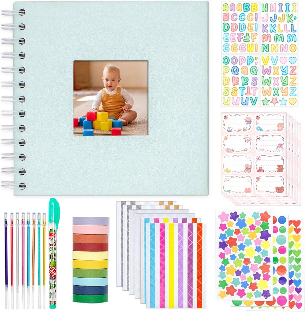 Kid Scrapbook Photo Album Hard Cover DIY Photo Album for Kids Instant Camera Print Paper with DIY Accessories (Blue)