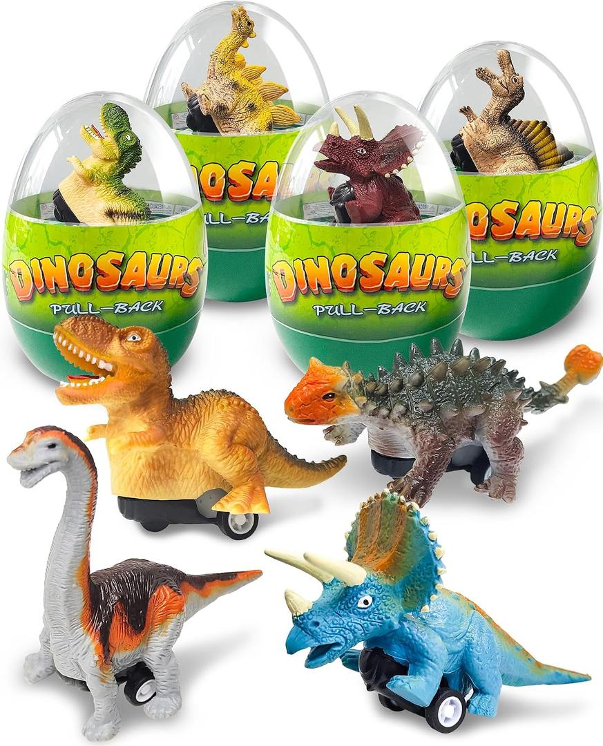 Tonberless 4 Pack Dinosaur Pull Back Cars, Toddler Easter Basket Stuffers Gifts Party Favors, Prefilled Easter Eggs Fillers with Toys Inside Filled for Kids Teens Boys Girls