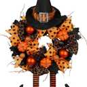 Halloween Wreath for Front Door 16" Tinsel Black Witch Wreath with Hat Legs and Orange Pumpkin for Fall Autumn Indoor Window Door Thanksgiving Halloween Decorations