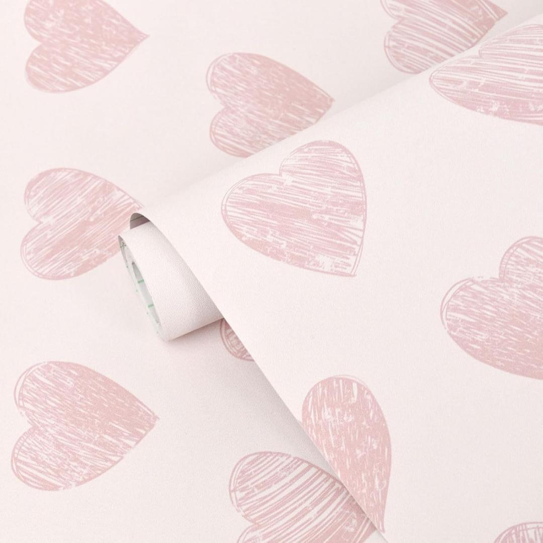 Fititem Pink Peel and Stick Wallpaper Kids Modern Pink Contact Paper Cabinets Nursery Hearts Wall Sticker Bedroom Decor Boho Removable Self Adhesive Wallpaper for Bathroom Waterproof 17.3inW 197inL