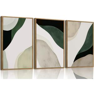 myusuar 3 Piece Large Modern Abstract Canvas Framed Wall Art For Living Room, Green Black White Minimalist Wall Art Decor Posters Prints For Bedroom Office 24x36in