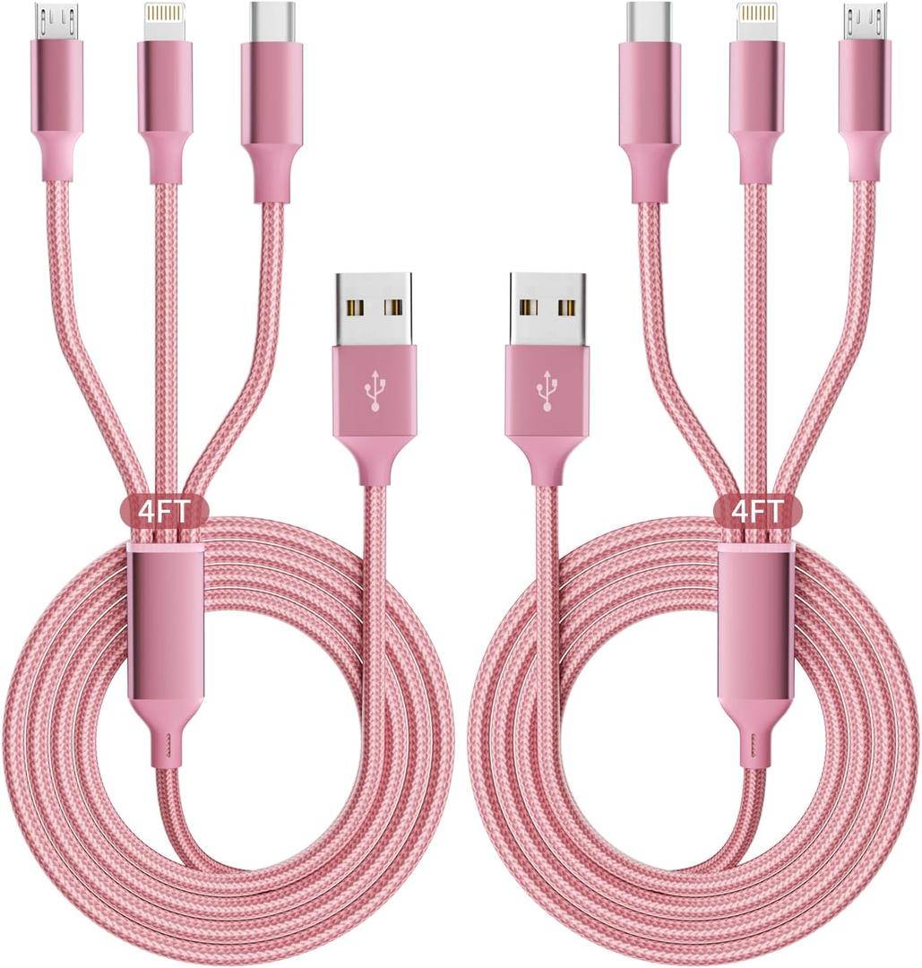 IDISON Multi Charging Cable(2Pack 4FT), 3 in 1 Charging Cable Nylon Braided Travel Charger Universal USB Cable with Type C/Micro/IP Port for iPhone17/16/14, Most Cell Phones & Pads and More (Pink)