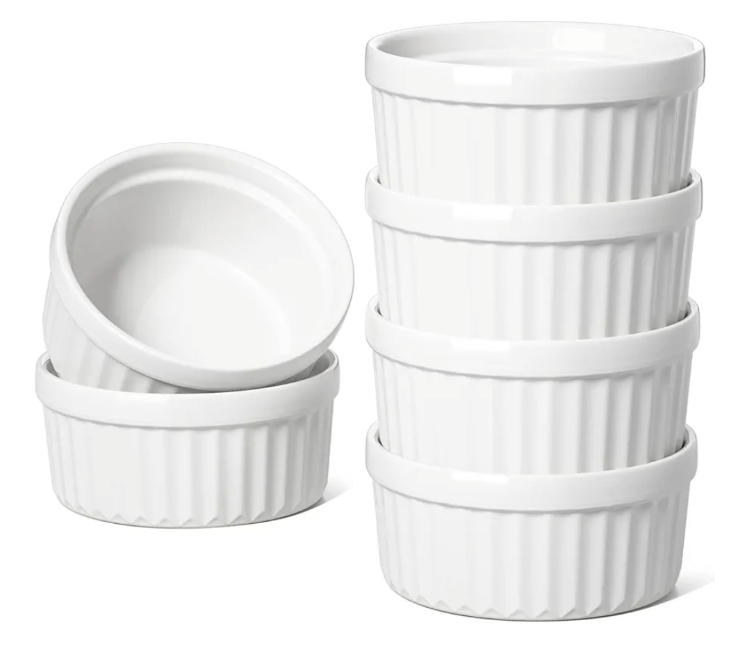 LE TAUCI Ramekins 4 OZ Oven Safe, Creme Brulee Ramekins, Pudding Custard Cups Souffle Ramiken, Dipping Sauce Dishes, Ceramic Ramekin Bowls Set of 6, White