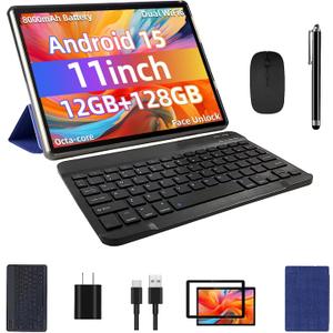 Android 15 Tablet 11inch, Face Unlock, 18W Fast Charging, 12GB+128GB+1TB Expand, Octa-core CPU, 8000mAh Large Battery, WiFi6, Touchscreen Display, Widevine L1 Tableta, Blue