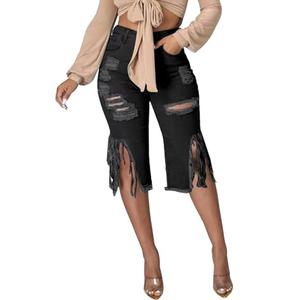 DvaeMalligo Black Jean Shorts for Women Ripped High Waisted Stretchy Raw Hem Destroyed Tassels Capris Bermuda Jean Shorts Plus Size 2XL