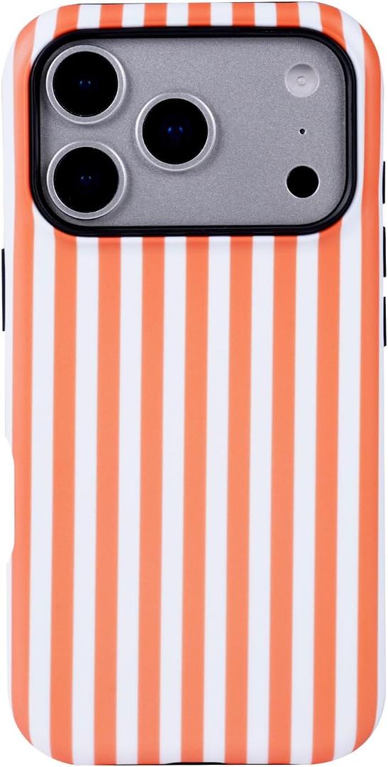 for iPhone 17 Pro Case, Cute Striped Shockproof Slim TPU PC Cover | Orange | Drop Protection | Lightweight | Designed for Women & Girls