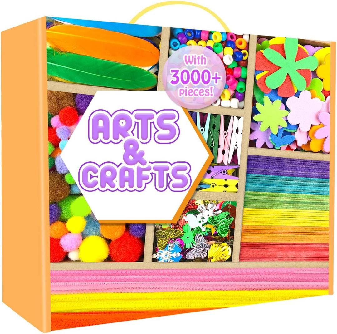 Arts and Crafts Supplies for Kids - 3000Pcs Craft Kit with Pipe Cleaners Crafts for Kids All in Art Crafting Box DIY School Supplies Materials Set Toys Gifts for Girls Boys Age 4 5 6 7 8 9 10 11 & 12 (Orange)