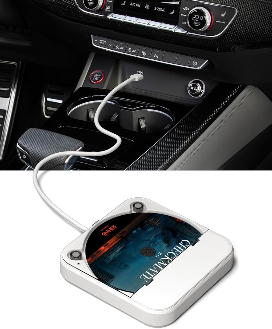 ENVYCLOUD Portable Car CD Player with USB/AUX Port,External CD Player Compatible with Car Radio Stereo, Laptop, TV, Computer,Universal for Vehicle with Adapter, White