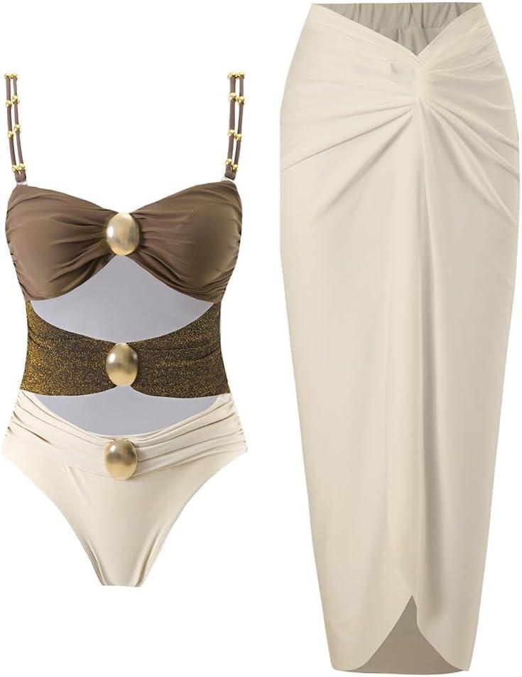 Women's One Piece Swimsuit with Cover up Set Beach Wrap Skirt Retro Bikini Set Two Piece Bathing Suit with Cover up (Medium, Brown)