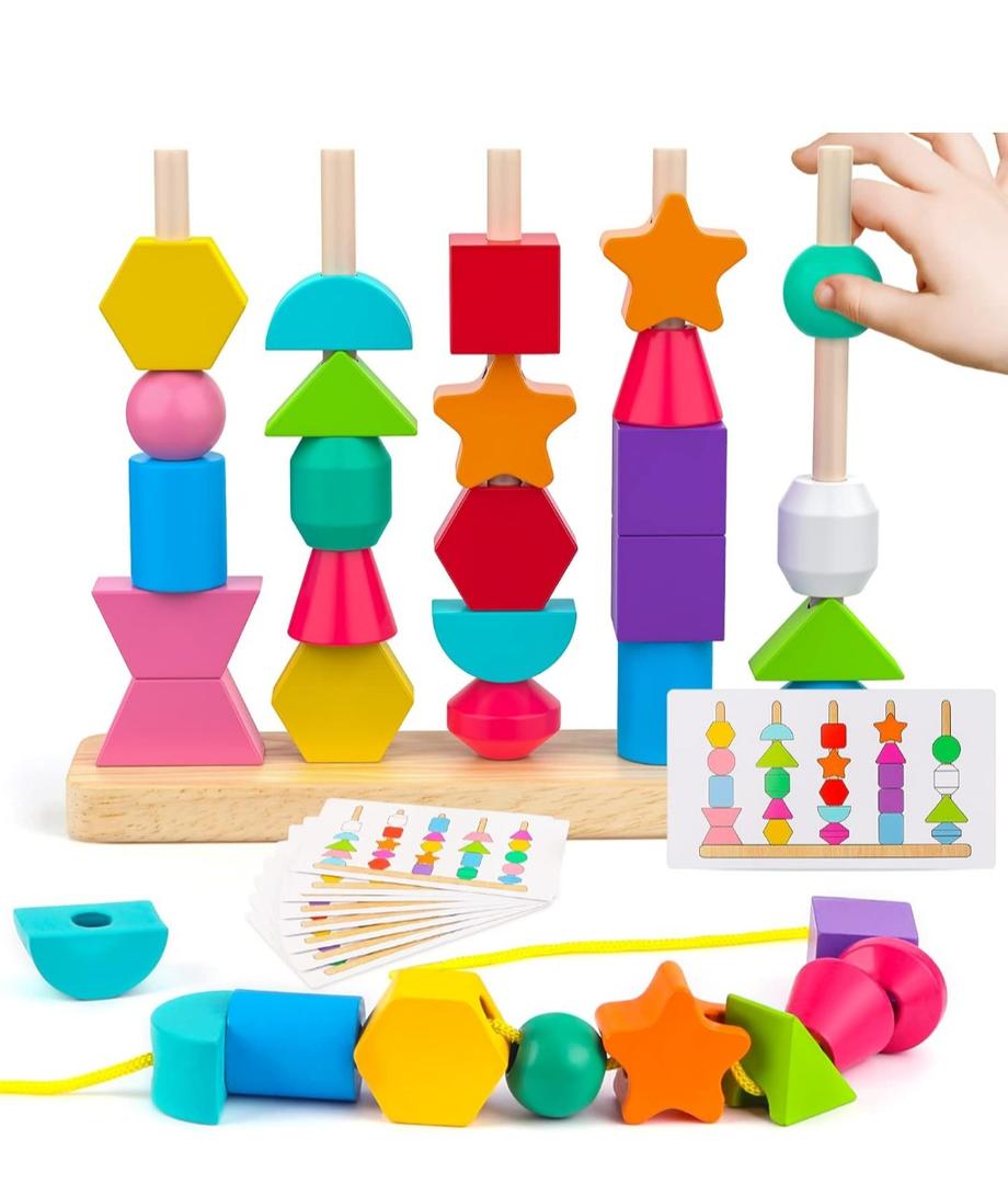 Montessori Wooden Beads Sequencing Toy Set, Stacking Blocks & Lacing Beads & Matching Shape Stacker for 2 3 4 5 Year Old STEM Preschool Learning Montessori Toys Gifts for Kids Boy Girl Toddler