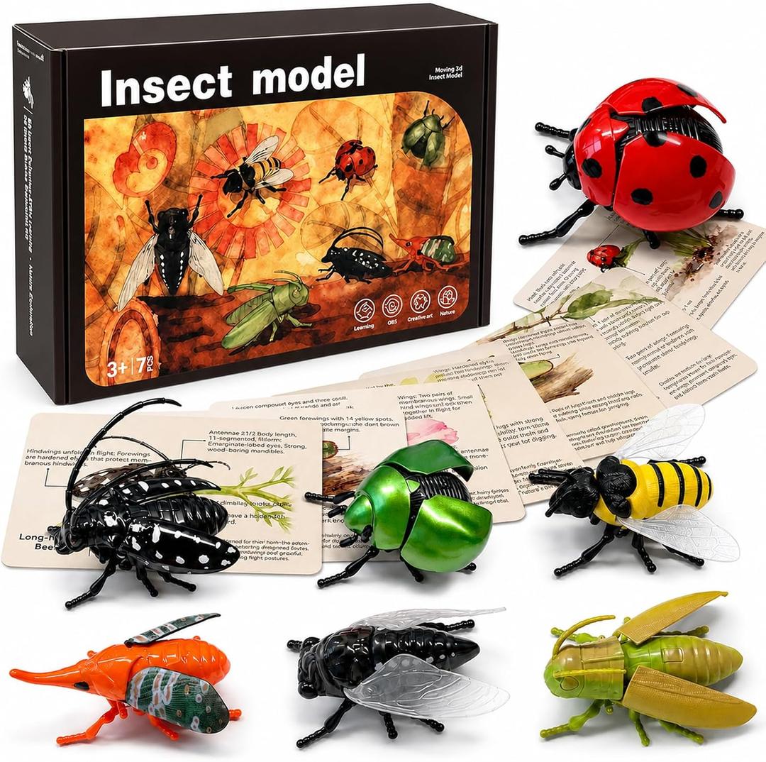 7PCS Wind-Up Insect Toys Set with Educational Fact Cards – Realistic Crawling Bug Toys for Kids, STEM Science Learning Toy, Fun Preschool Gift for Boys & Girls