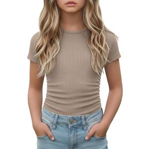 Girls Short Sleeve Shirts Cute Tees | Basic Tops, Ribbed Knit, Crew Neck, Slim Fit, Summer, Soft, School Outfit, Trendy, Ages 5-14, Solid Colors, Versatile Styling