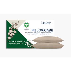 Delara GOTS Certified 100% Organic Cotton Pillowcase Pack of 2, 400 Thread Count, Long Staple Cotton, Ultra Soft, Silky, Moisture-Wicking, Smooth & Breathable, Pillowcase for Hot Sleepers (Natural)