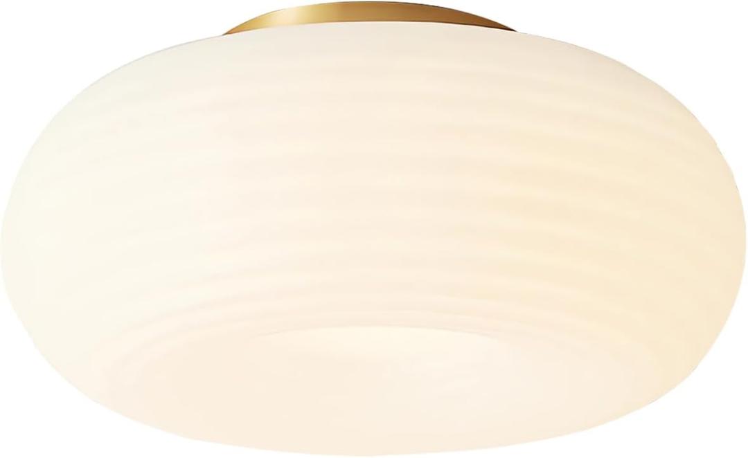 Farmhouse Gold LED Flush Mount Ceiling Light 13.8" Mid Century Modern Bathroom Ceiling Light with Milk Ribbed Shade Vintage Close to Ceiling Light Fixtures for Bedroom Stairwells MCL02-35 GD