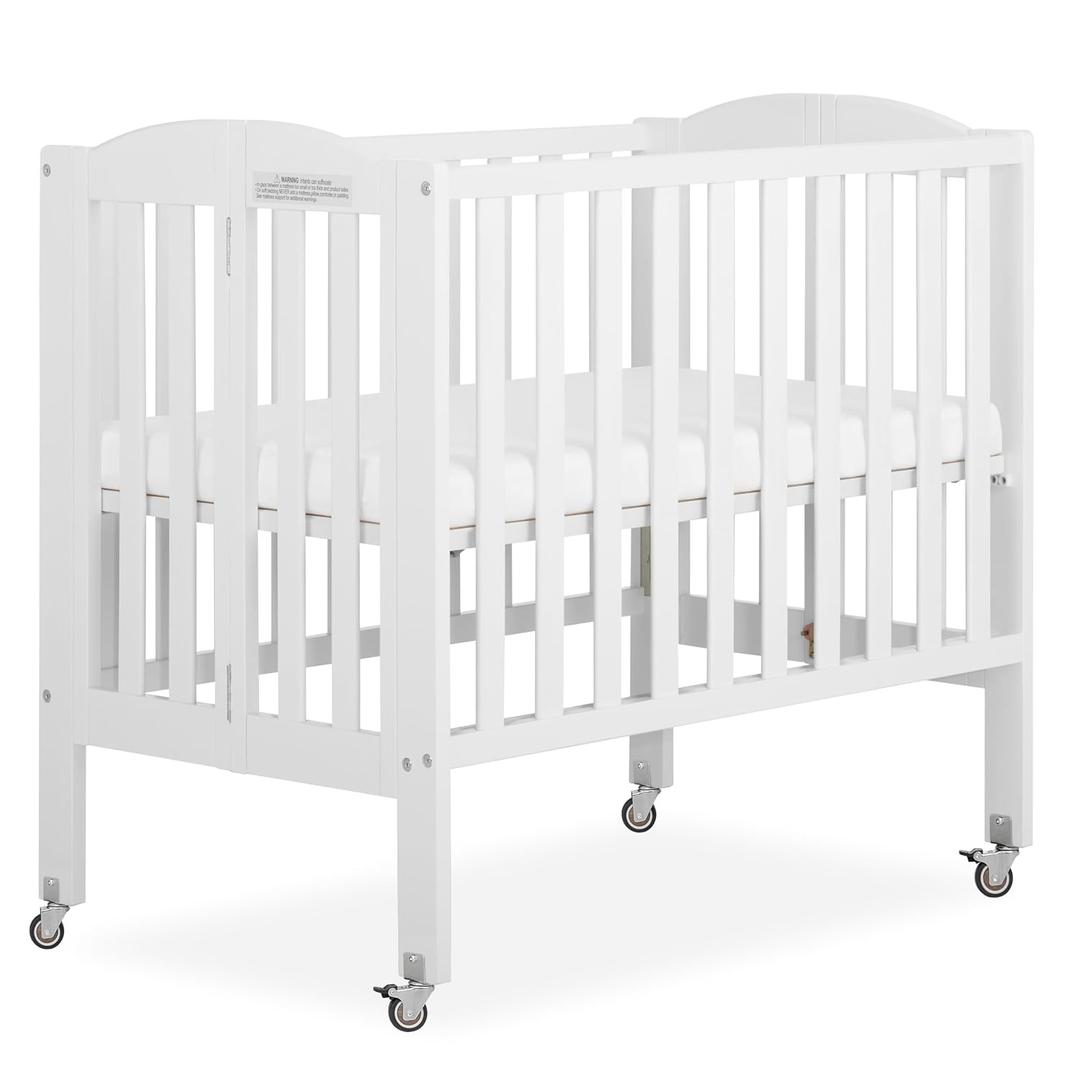 Dream On Me 2-in-1 Portable Mini Crib, Non-Full Size Baby Crib for Small Spaces, 2 Mattress Heights, Compact Travel Design, Includes Mattress, GREENGUARD Gold & BSA Certified, White