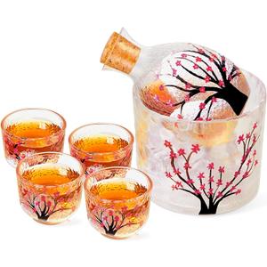 Irenare Japanese Sake Set for 4 Saki Cup Set Pink Cherry Blossoms Sake Bottle Cup Set Including 1 Sake Bottle 1 Sake Tank and 4 Sake Cups for Cold Hot Warm Sake Carafe, Japanese Gifts