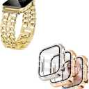 JR.DM Gold Watch Bands for Women Compatible with Apple Watch Band 38mm 40mm 41mm 42mm (S10) bundle 2 Pack Bling Case with HD Screen Protector 40mm