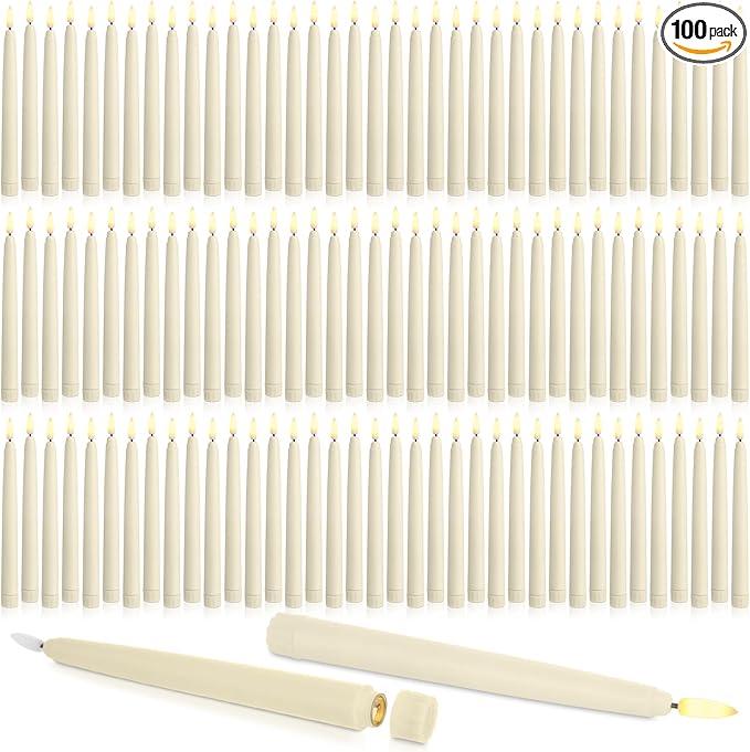 Baquler 100 Pcs Flameless Taper Candles LED Taper Candles Flickering Bulk Ivory LED Candlestick for Easter Wedding Church Halloween Christmas Party Decor Table Centerpiece, 8.5 in, No Batteries