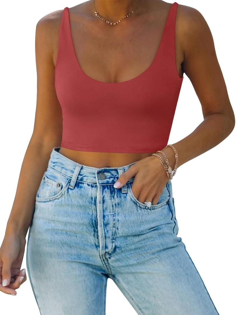 REORIA Butsmooth Women's Basic Sexy Deep Scoop Neck Double Lined Seamless Sleeveless Cropped Cami Tank Yoga Crop Tops (Large, Ribbon Red)