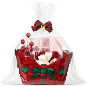 Thyle Christmas Gift Basket Empty Wrapping Set, Red Small Xmas Bamboo Woven Handle Basket with Transparent Gift Bag and Plaid Bow with Bell for Christmas Gifts Holiday Party Decor, 7"x 5" x 4"