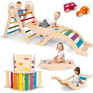 Wooden Pikler Triangle with Convertible Ramp & Detachable Arch, Montessori Indoor Climbing Frame, Sturdy Ladder & Space-Efficient Design