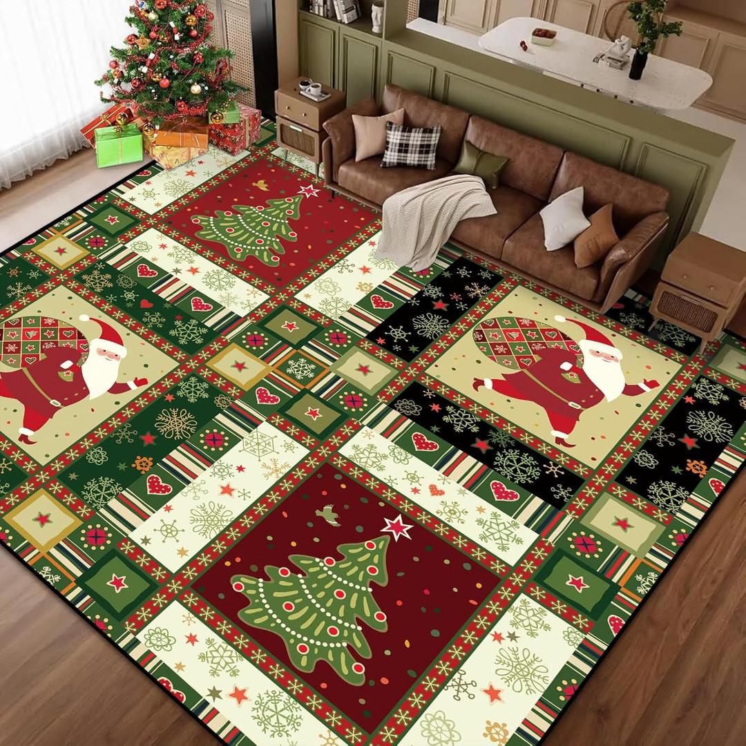 6' x 9' Christmas Area Rug for Living Room Plaid Floor Mat Indoor Santa Claus Doormat Christmas Tree Carpet Dining Room Bedroom Laundry