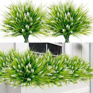 Sggvecsy 24 Bundles Artificial Plants Outdoor Faux Lavender Flowers Fake Monkey Grass UV Resistant Plastic Greenery Plants for Garden Home Porch Window Patio Hanging Planter Indoor Decor (White)