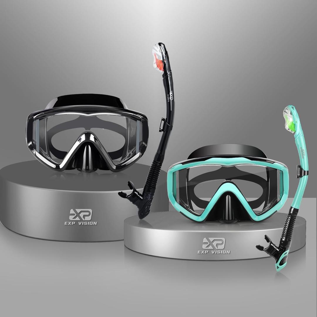 Snorkel Set Pano 3 Window Adult Snorkeling Gear, Professional Snorkel Goggles Anti-Fog Diving Mask, Anti-Leak Swim Goggles and Dry Top Snorkel for Diving, Snorkeling, Swimming (Black+Aqua 2 PACK)